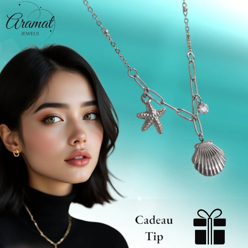 Zilverkleurige bedelketting met zeester, schelp & zirkonia – 40+5 cm - ket1183 - 658906 - Halskettingen kopen# - 40cm - alles - Bedelketting