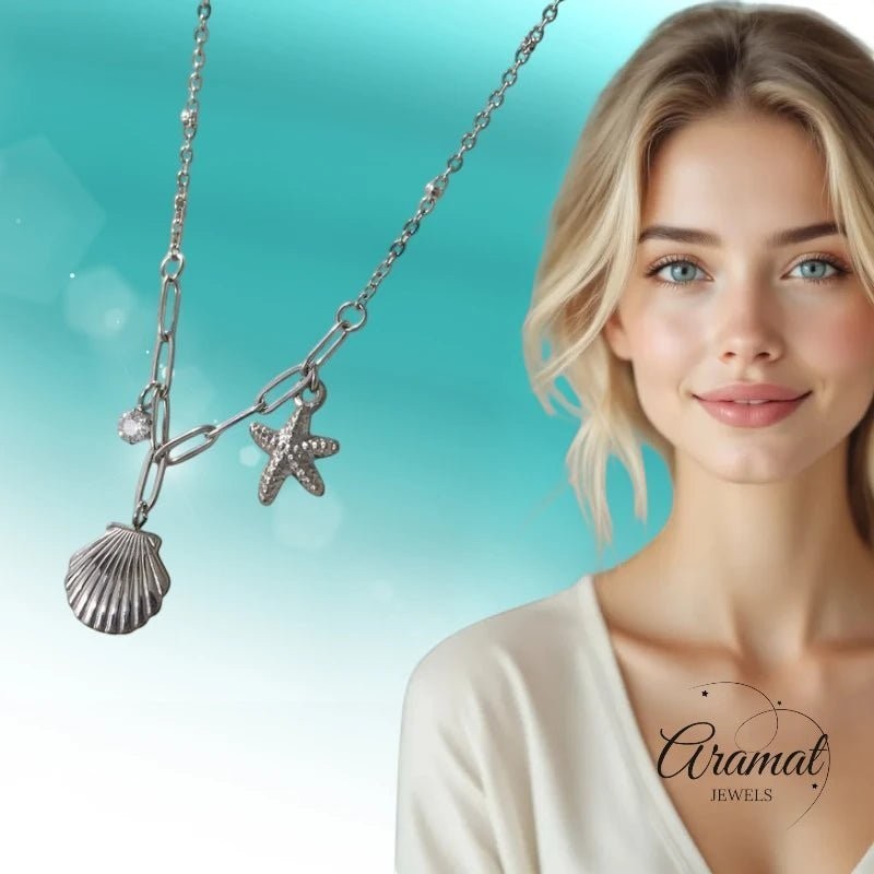 Zilverkleurige bedelketting met zeester, schelp & zirkonia – 40+5 cm - ket1183 - 658906 - Halskettingen kopen# - 40cm - alles - Bedelketting