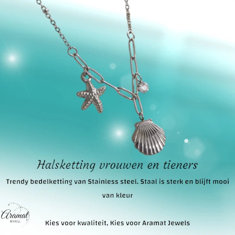 Zilverkleurige bedelketting met zeester, schelp & zirkonia – 40+5 cm - ket1183 - 658906 - Halskettingen kopen# - 40cm - alles - Bedelketting