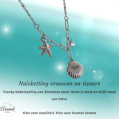 Zilverkleurige bedelketting met zeester, schelp & zirkonia – 40+5 cm - ket1183 - 658906 - Halskettingen kopen# - 40cm - alles - Bedelketting