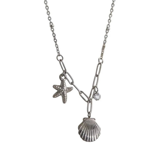 Zilverkleurige bedelketting met zeester, schelp & zirkonia – 40+5 cm - ket1183 - 658906 - Halskettingen kopen# - 40cm - alles - Bedelketting