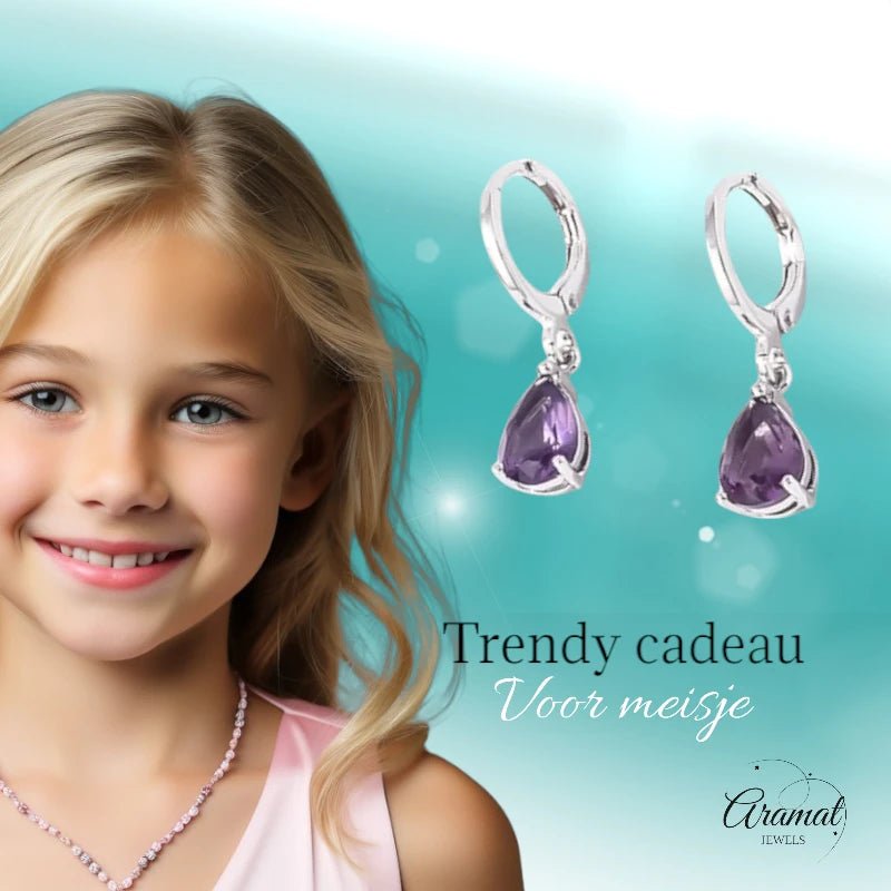 Zilverkleurige Kinder Oorringetjes – Paars Zirkonia – 25x6mm - oor6333 - 66136 - Oorringen kopen# - 10mm - alles - cadeau