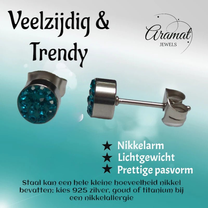 Zilverkleurige oorstekers met blauwgroen kristal – 6 mm - oor3080 - Oorbellen kopen# - 6mm - alles - Blauwgroen