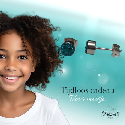 Zilverkleurige oorstekers met blauwgroen kristal – 6 mm - oor3080 - Oorbellen kopen# - 6mm - alles - Blauwgroen