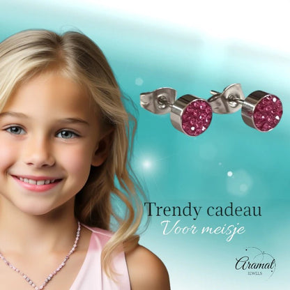 Zilverkleurige oorstekers met fuchsia roze kristallen – 6 mm - oor3089 - Oorbellen kopen# - 6mm - alles - cadeau
