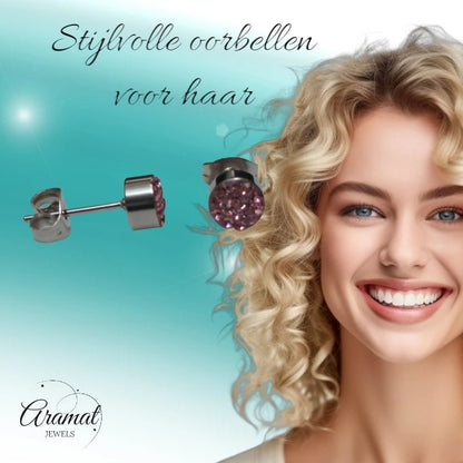 Zilverkleurige oorstekers met lichtroze kristal – 6 mm - oor3084 - Oorbellen kopen# - 6mm - alles - cadeau