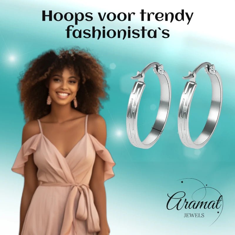 Zilverkleurige RVS Oorringen met Streepjes Motief - 20 mm - Aramat Jewels - Oorringen - cadeautip