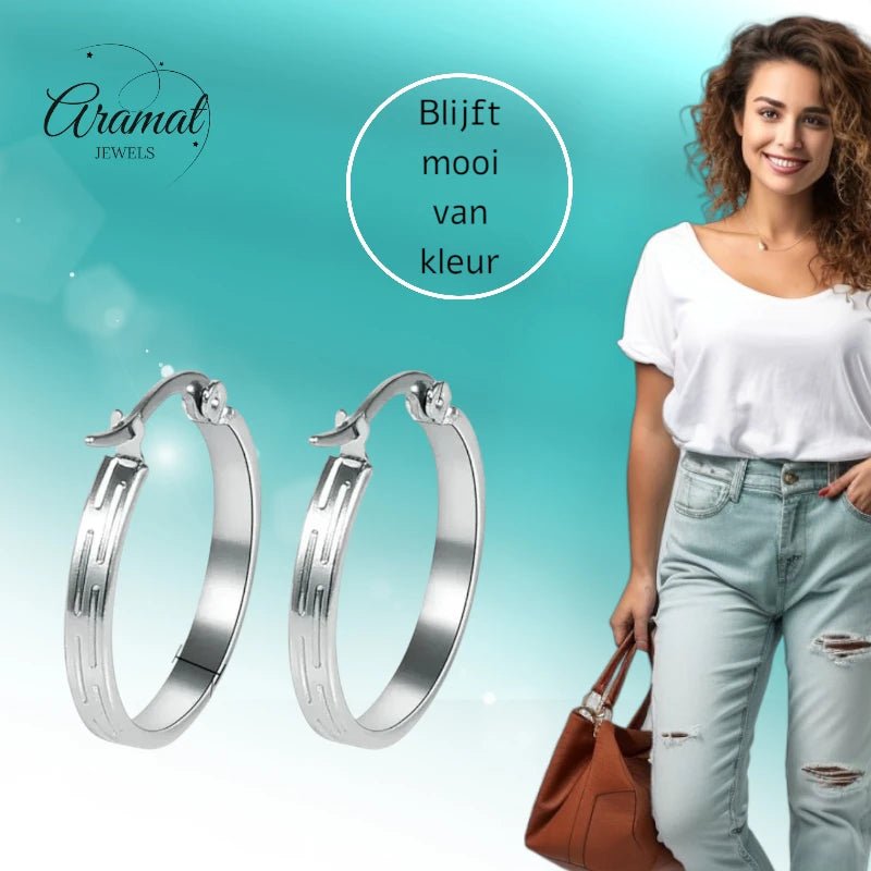 Zilverkleurige RVS Oorringen met Streepjes Motief - 20 mm - Aramat Jewels - Oorringen - cadeautip