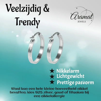 Zilverkleurige RVS Oorringen met Streepjes Motief - 20 mm - Aramat Jewels - Oorringen - cadeautip