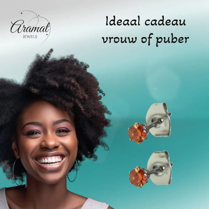 Zilverkleurige RVS Oorstekers Geboortesteen Juli - Rood/Oranje - 3 mm - Aramat Jewels - Oorbellen - cadeautip
