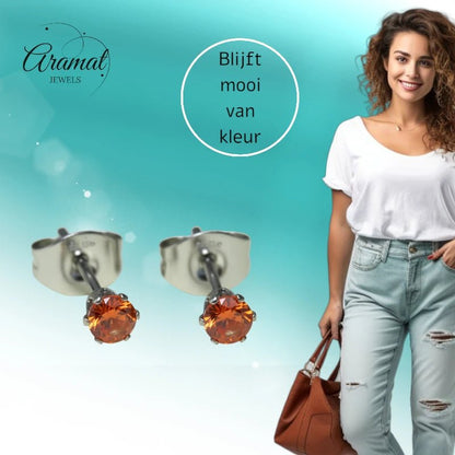 Zilverkleurige RVS Oorstekers Geboortesteen Juli - Rood/Oranje - 3 mm - Aramat Jewels - Oorbellen - cadeautip