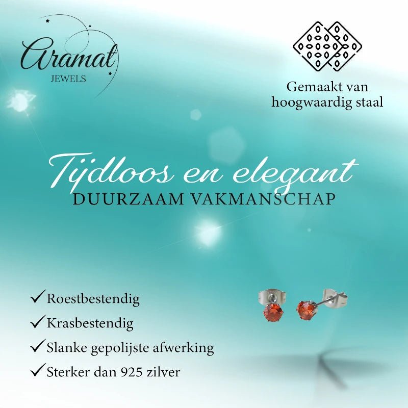 Zilverkleurige RVS Oorstekers Geboortesteen Juli - Rood/Oranje - 4 mm - Aramat Jewels - Oorbellen - cadeautip