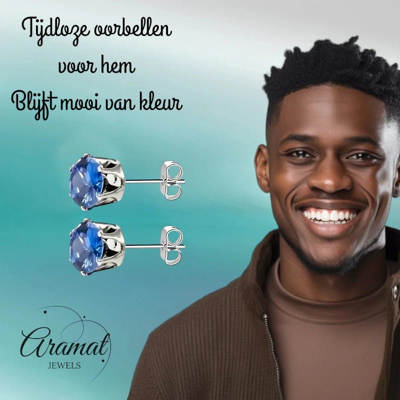 Zilverkleurige RVS Oorstekers met Blauwe Zirkonia - 8 mm - Aramat Jewels - Oorbellen - cadeautip