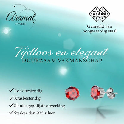 Zilverkleurige RVS Oorstekers met Rode Zirkonia - Rond - Aramat Jewels - Oorbellen - cadeautip