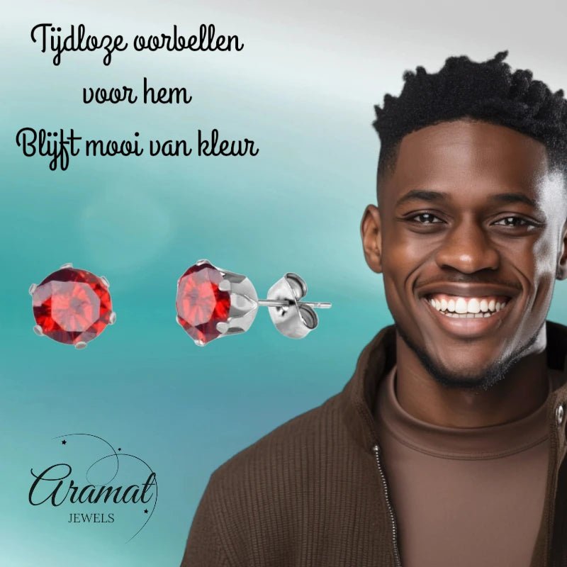 Zilverkleurige RVS Oorstekers met Rode Zirkonia - Rond - Aramat Jewels - Oorbellen - cadeautip