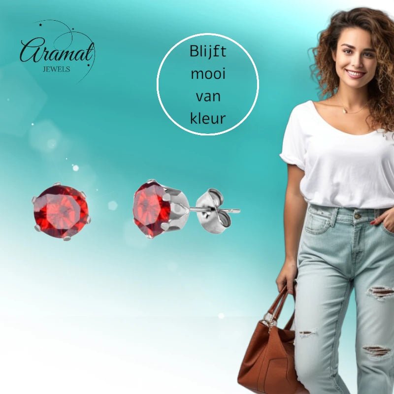 Zilverkleurige RVS Oorstekers met Rode Zirkonia - Rond - Aramat Jewels - Oorbellen - cadeautip