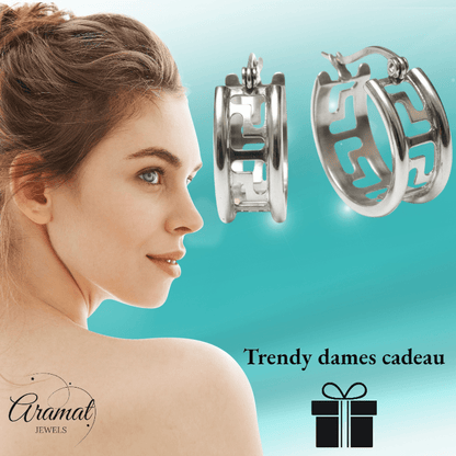 Zilverkleurige Stalen Oorringen Grieks Motief - Aramat Jewels - Oorringen - cadeautip