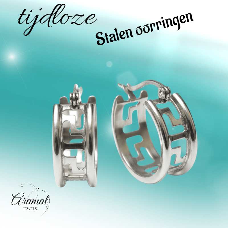 Zilverkleurige Stalen Oorringen Grieks Motief - Aramat Jewels - Oorringen - cadeautip