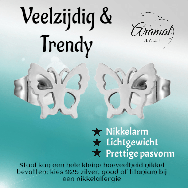 Zilverkleurige stalen vlinder oorbellen 9mm - Aramat Jewels - Oorbellen - cadeautip