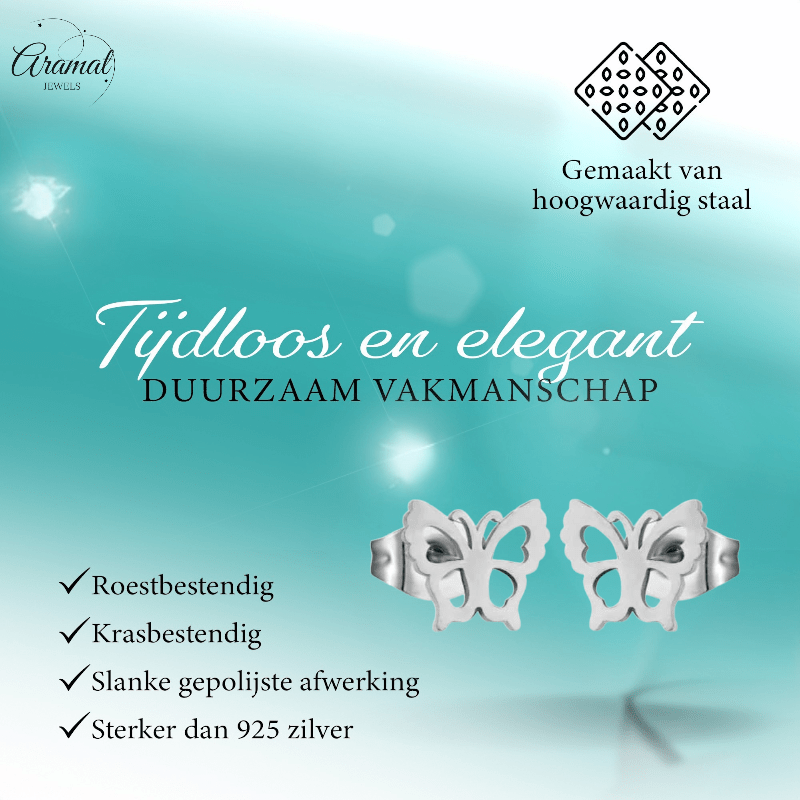 Zilverkleurige stalen vlinder oorbellen 9mm - Aramat Jewels - Oorbellen - cadeautip