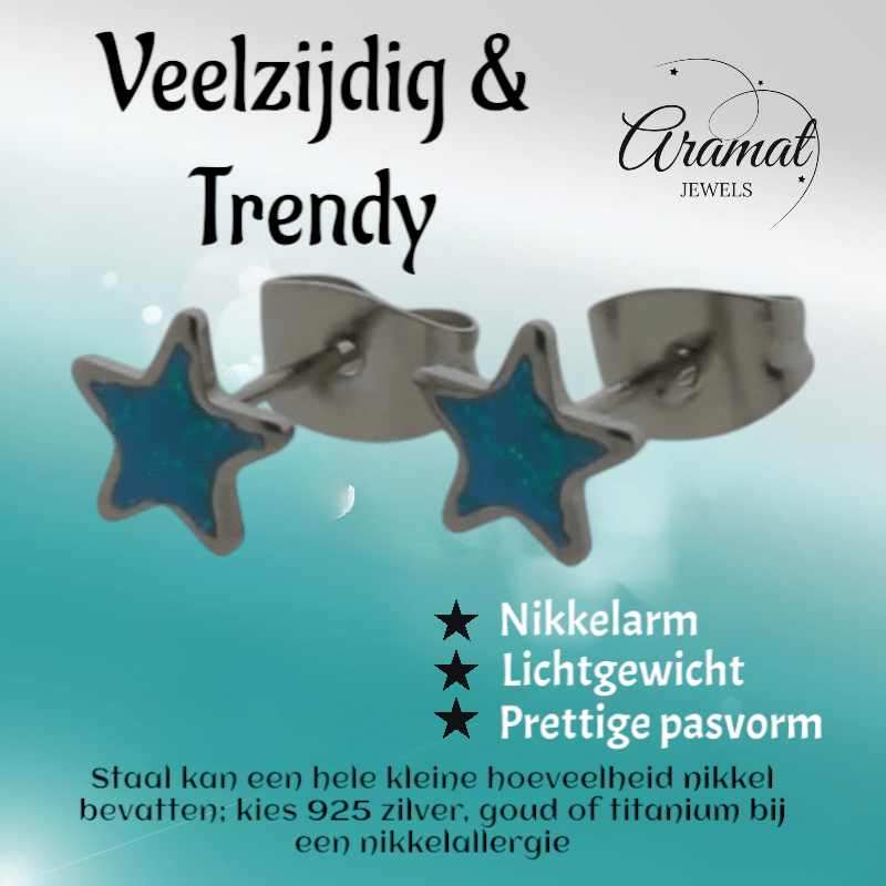 Zilverkleurige Ster Oorbellen Blauw Glitter - oor6179 - YY - Oorbellen kopen# - 6mm - alles - blauw