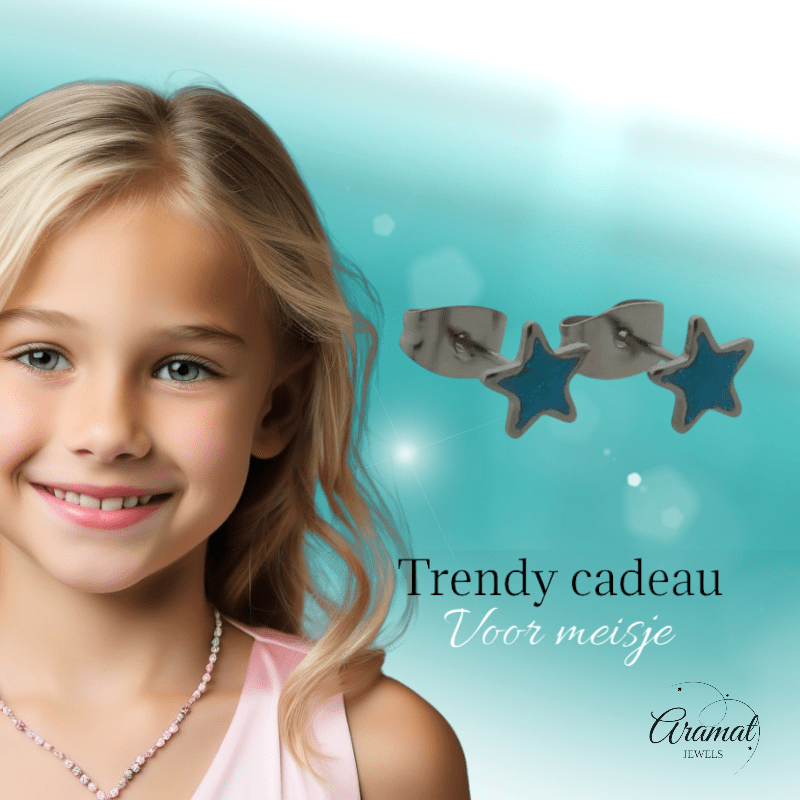 Zilverkleurige Ster Oorbellen Blauw Glitter - oor6179 - YY - Oorbellen kopen# - 6mm - alles - blauw