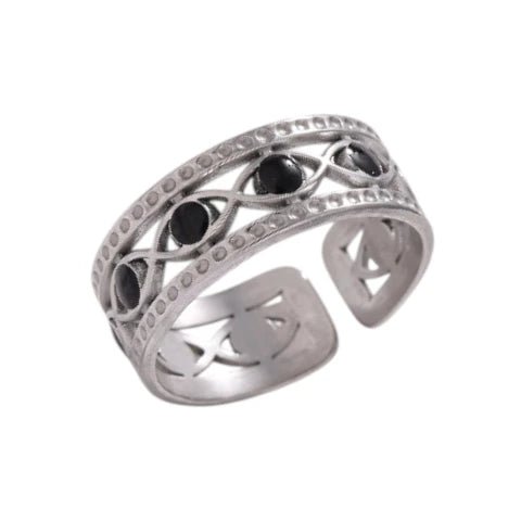 Zilverkleurige Verstelbare RVS Ring met Zwart Boze Oog en Schakelmotief - Aramat Jewels - Ringen - cadeautip