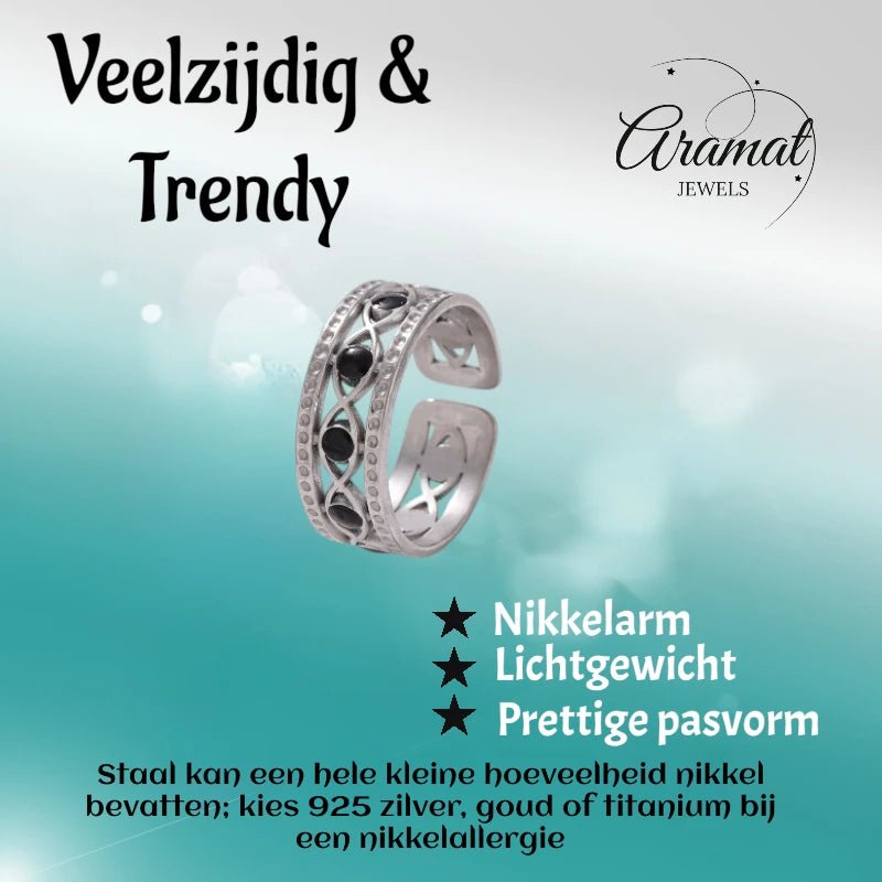 Zilverkleurige Verstelbare RVS Ring met Zwart Boze Oog en Schakelmotief - Aramat Jewels - Ringen - cadeautip