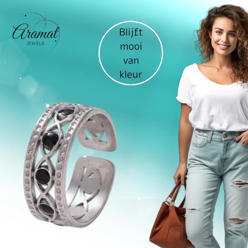 Zilverkleurige Verstelbare RVS Ring met Zwart Boze Oog en Schakelmotief - Aramat Jewels - Ringen - cadeautip
