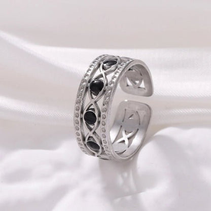 Zilverkleurige Verstelbare RVS Ring met Zwart Boze Oog en Schakelmotief - Aramat Jewels - Ringen - cadeautip