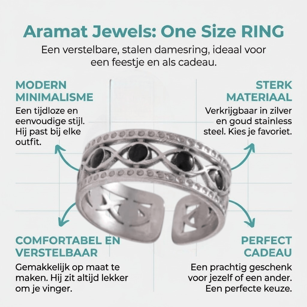 Zilverkleurige Verstelbare RVS Ring met Zwart Boze Oog en Schakelmotief - Aramat Jewels - Ringen - cadeautip