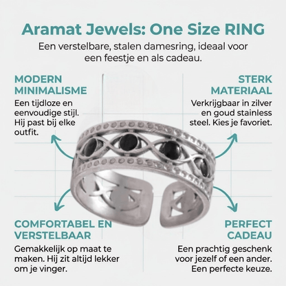 Zilverkleurige Verstelbare RVS Ring met Zwart Boze Oog en Schakelmotief - Aramat Jewels - Ringen - cadeautip
