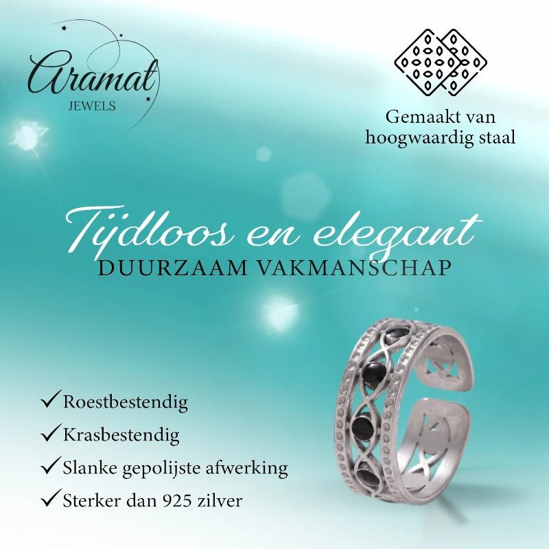 Zilverkleurige Verstelbare RVS Ring met Zwart Boze Oog en Schakelmotief - Aramat Jewels - Ringen - cadeautip