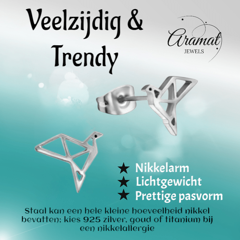 Zilverkleurige Vogel Oorbellen Origami 9mm RVS - Aramat Jewels - Oorbellen - cadeautip