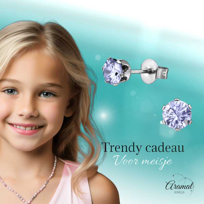 Zilverkleurige Zirkonia Oorbellen 5mm Lila - Aramat Jewels - Oorbellen - cadeautip