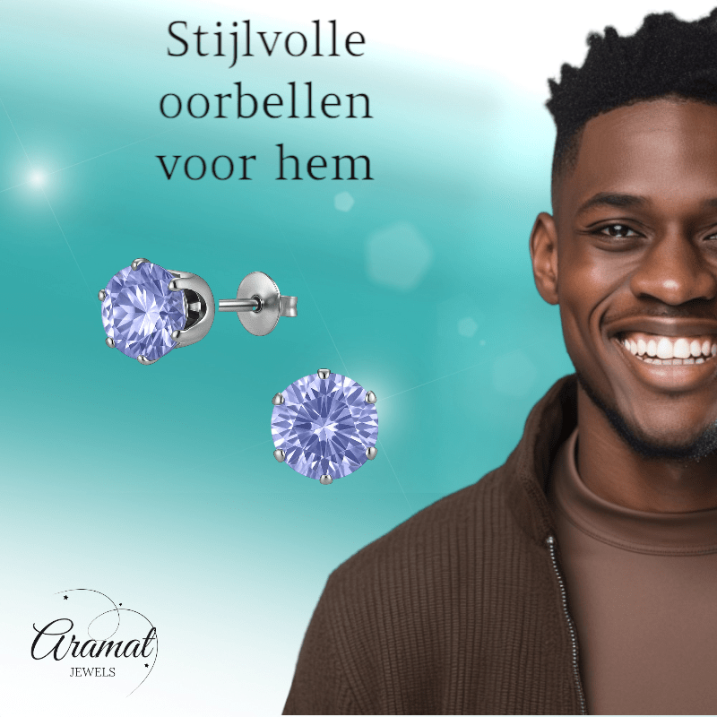 Zilverkleurige Zirkonia Oorbellen 7mm Lila - Aramat Jewels - Oorbellen - cadeautip