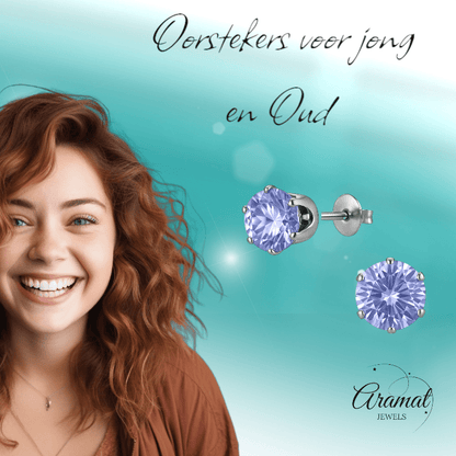 Zilverkleurige Zirkonia Oorbellen 7mm Lila - Aramat Jewels - Oorbellen - cadeautip