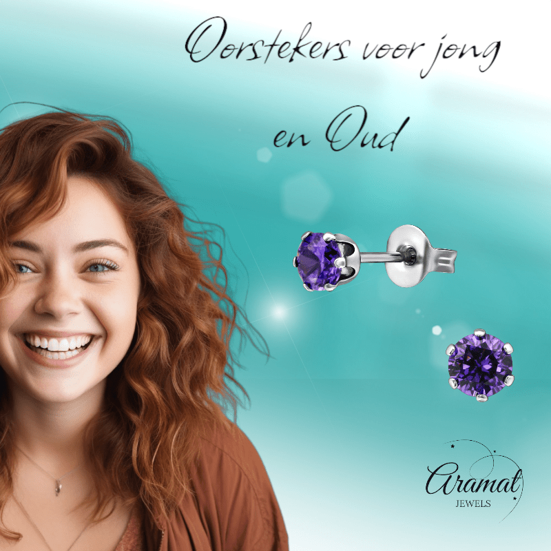 Zirkonia Oorbellen 4mm Paars RVS - Aramat Jewels - Oorbellen - cadeautip