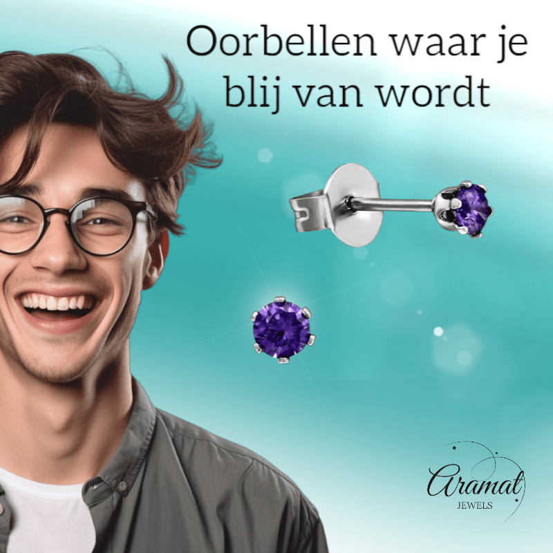 Zirkonia Oorbellen Paars – 3mm RVS - Aramat Jewels - Oorbellen - cadeautip