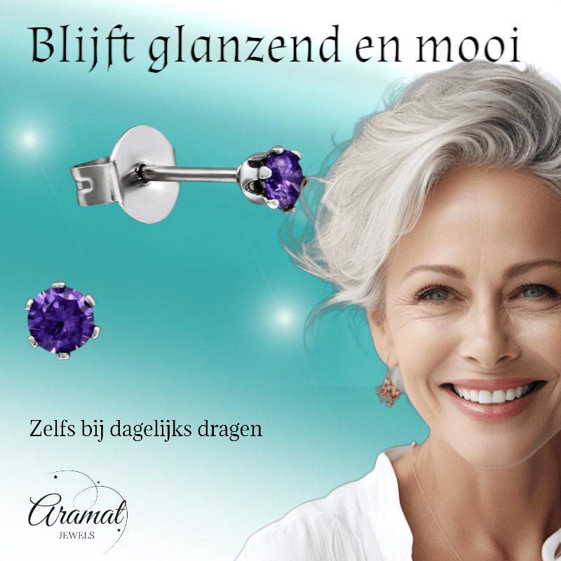 Zirkonia Oorbellen Paars – 3mm RVS - Aramat Jewels - Oorbellen - cadeautip