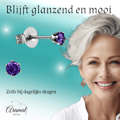 Zirkonia Oorbellen Paars – 3mm RVS - Aramat Jewels - Oorbellen - cadeautip
