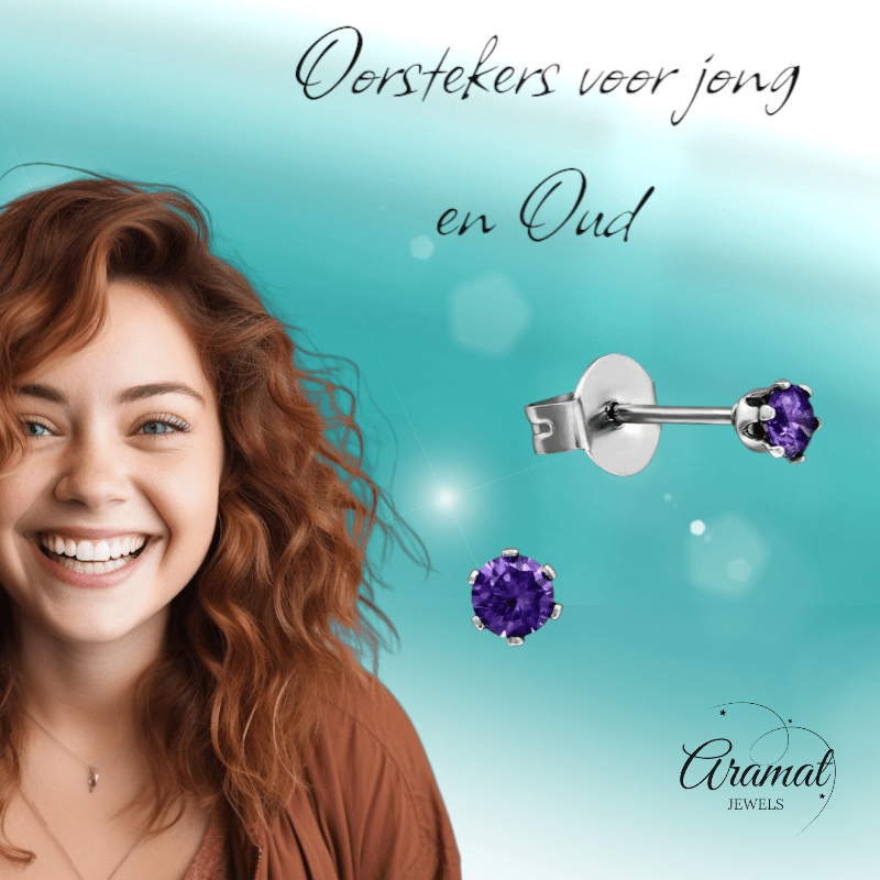 Zirkonia Oorbellen Paars – 3mm RVS - Aramat Jewels - Oorbellen - cadeautip