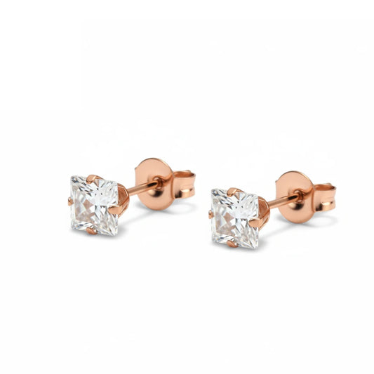 Boucles d'oreilles – Acier inoxydable couleur or rose avec zircon carré (5 mm) 