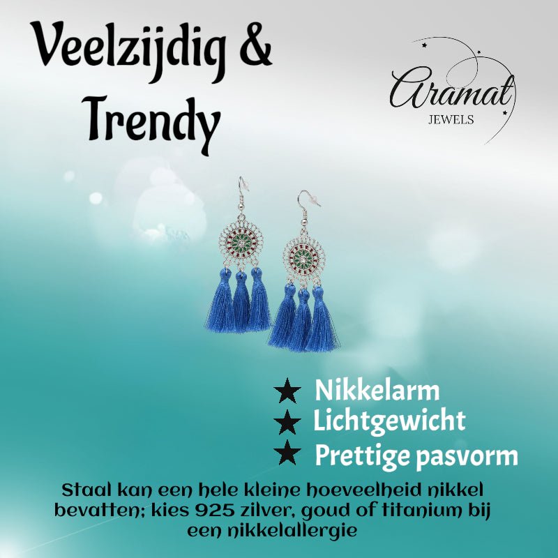 Zomerse Boho Oorhangers Kwastjes Blauw 75mm - Aramat Jewels - Oorbellen - cadeautip