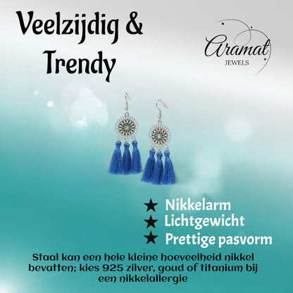 Zomerse Boho Oorhangers Kwastjes Blauw 75mm - Aramat Jewels - Oorbellen - cadeautip