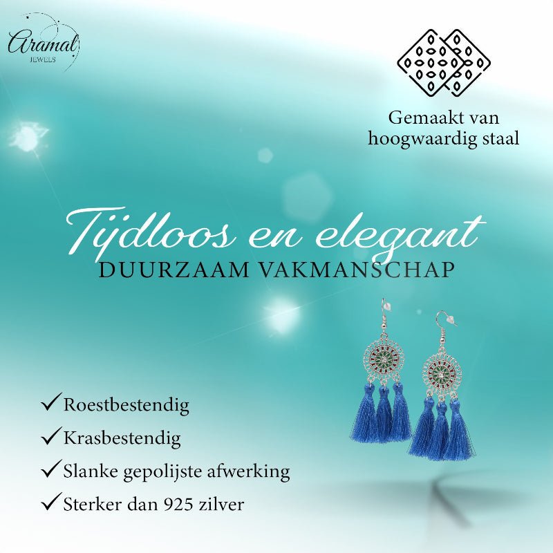 Zomerse Boho Oorhangers Kwastjes Blauw 75mm - Aramat Jewels - Oorbellen - cadeautip