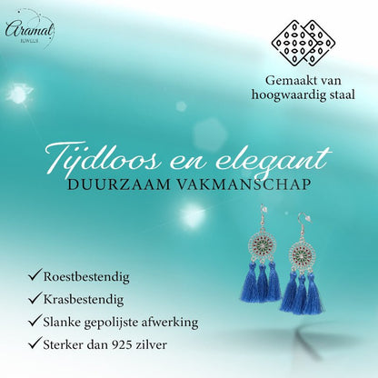 Zomerse Boho Oorhangers Kwastjes Blauw 75mm - Aramat Jewels - Oorbellen - cadeautip