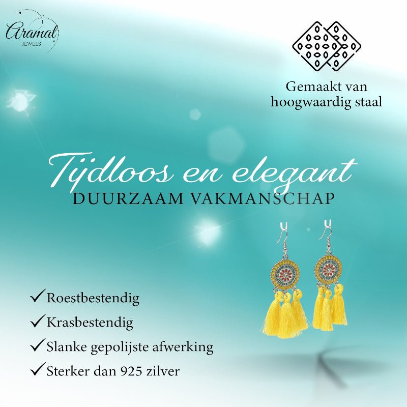 Zomerse Boho Oorhangers Kwastjes Geel 75mm - Aramat Jewels - Oorbellen - cadeautip