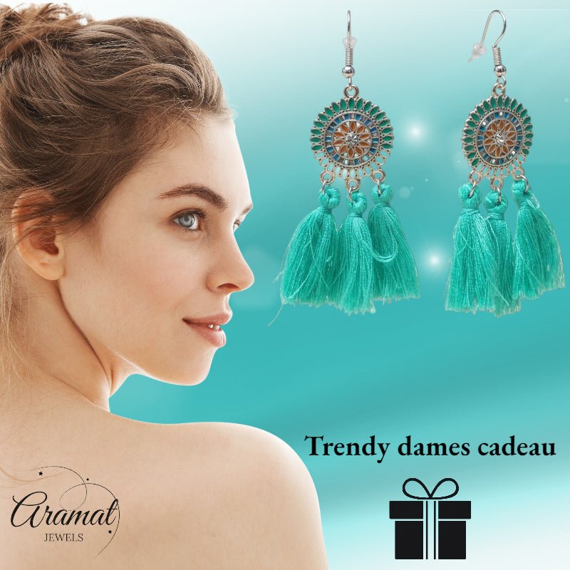 Zomerse Boho Oorhangers Kwastjes Mint 75mm - Aramat Jewels - Oorbellen - cadeautip