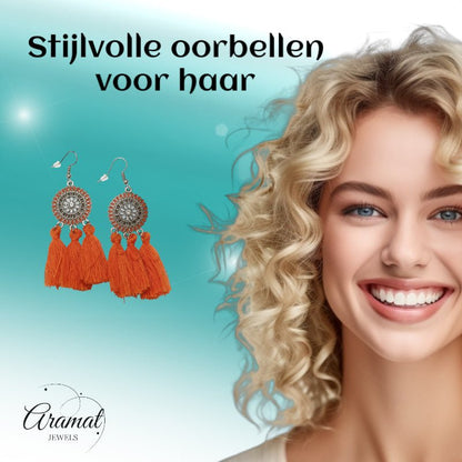 Zomerse Boho Oorhangers Kwastjes Oranje 75mm - Aramat Jewels - Oorbellen - cadeautip